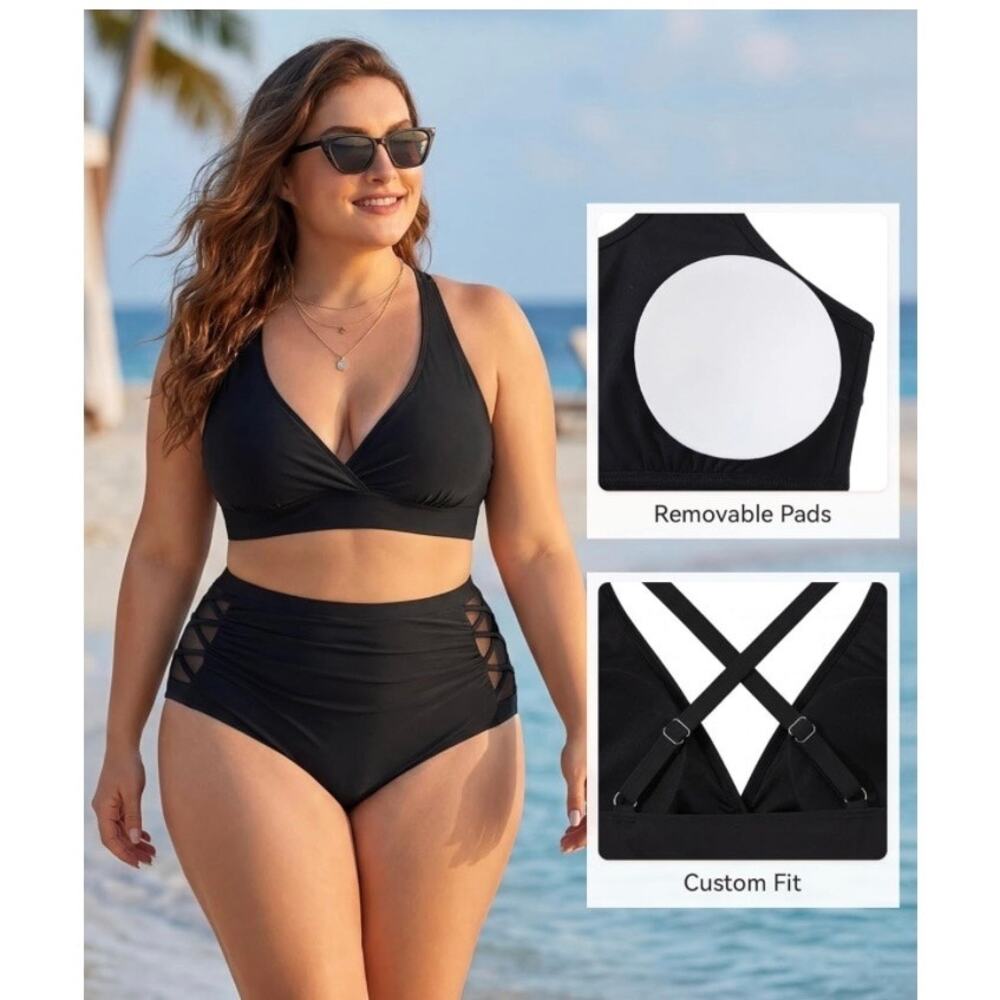 Women Plus Size Black Bikini Set High Waisted Tummy Control 3XL - Picture 3 of 6